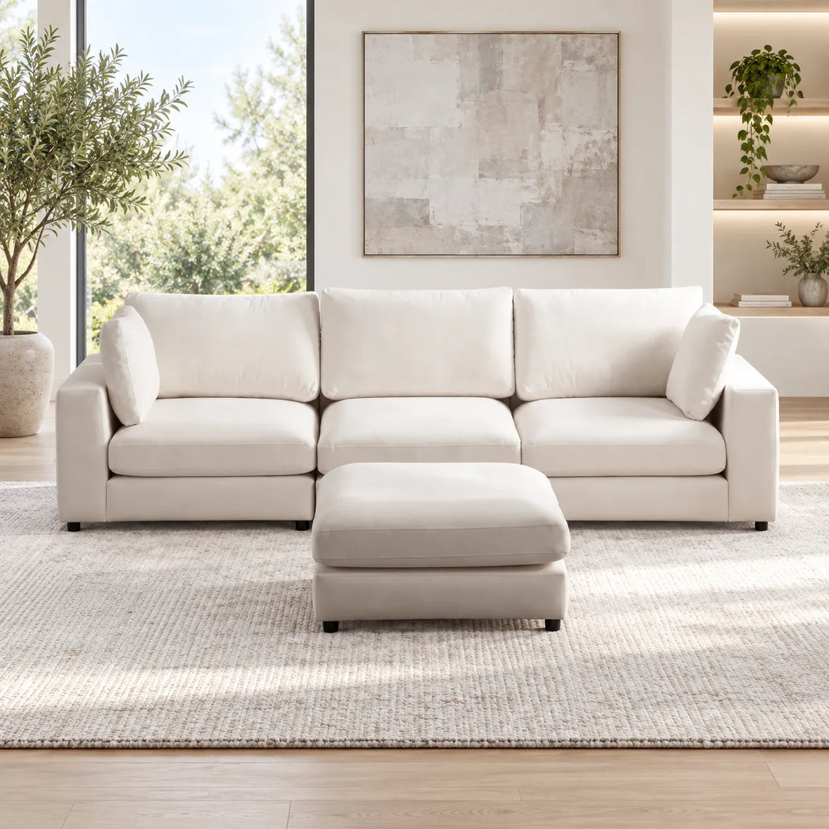Canapé Julia Modulable Velours Blanc 3+1 Pouf