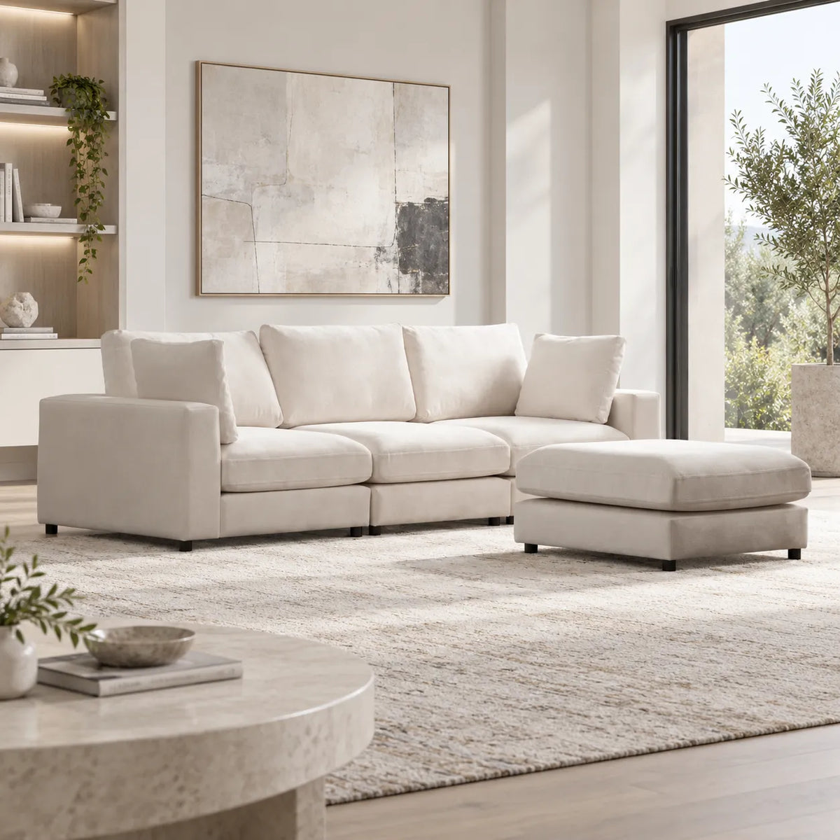 Canapé Julia Modulable Velours Blanc 3+1 Pouf