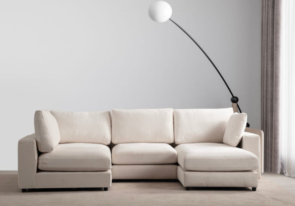 Canapé Julia Modulable Velours Blanc 4+1 Pouf