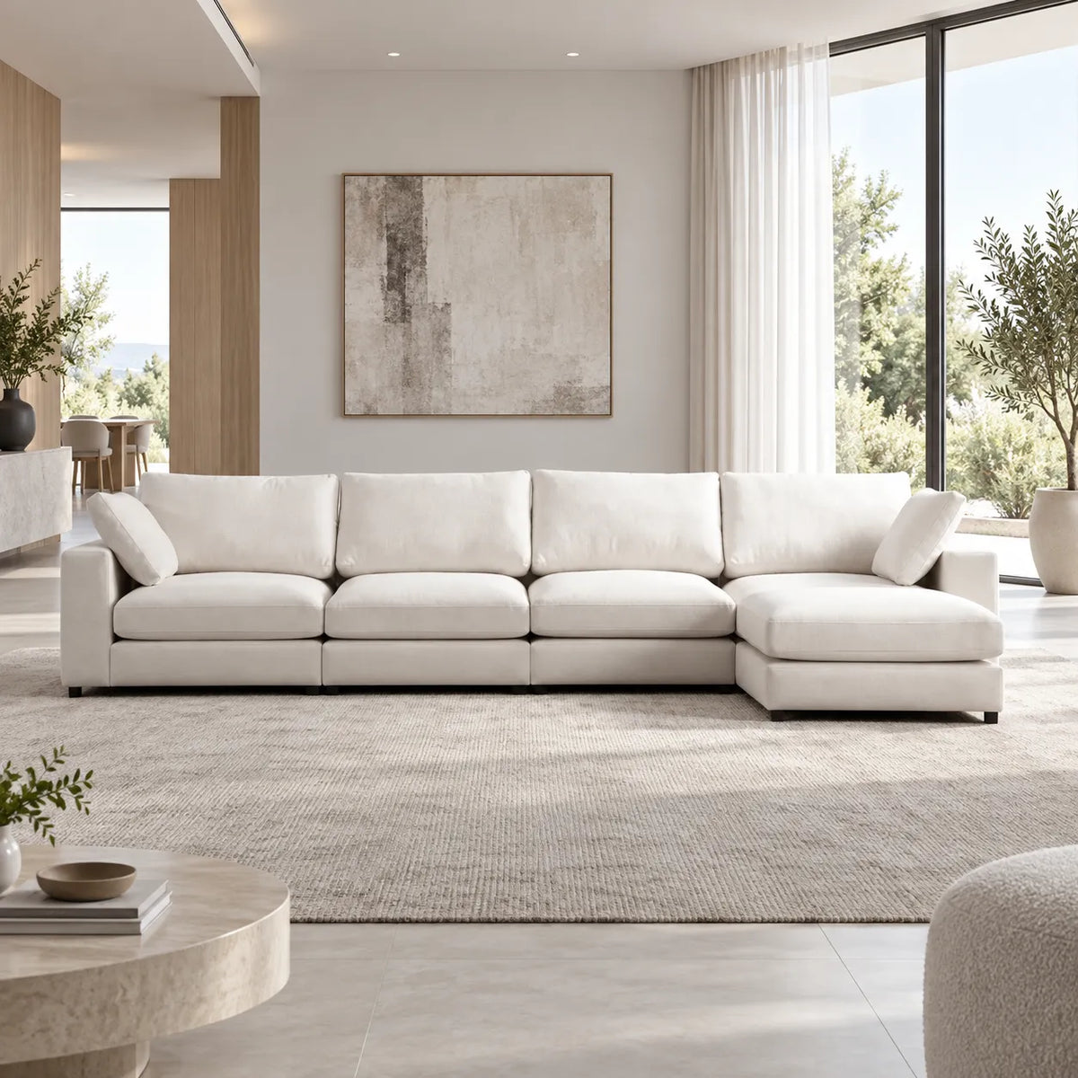 Canapé Julia Modulable Velours Blanc 4+1 Pouf