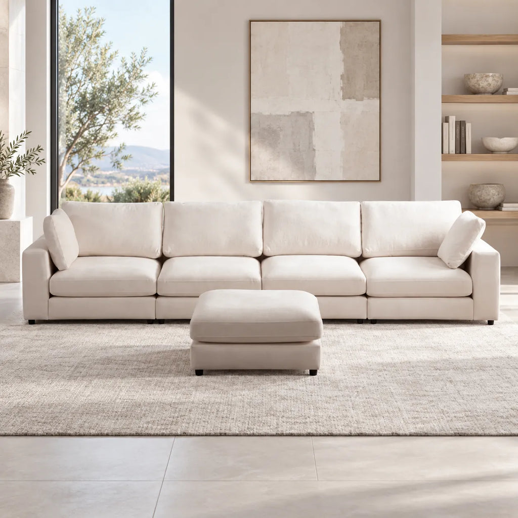Canapé Julia Modulable Velours Blanc 4+1 Pouf