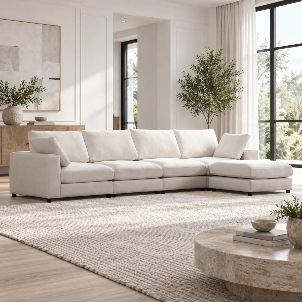 Canapé Julia Modulable Velours Blanc 4+1 Pouf