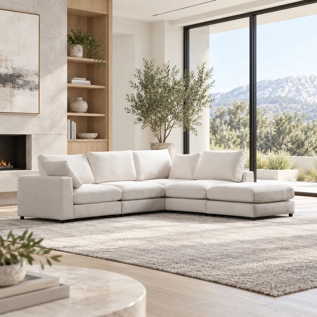 Canapé Julia Modulable Velours Blanc 4+1 Pouf