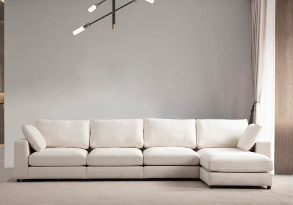 Canapé Julia Modulable Velours Blanc 4+1 Pouf