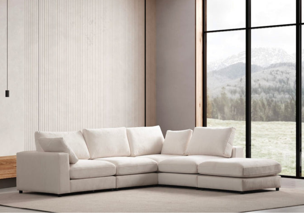 Canapé Julia Modulable Velours Blanc 4+1 Pouf