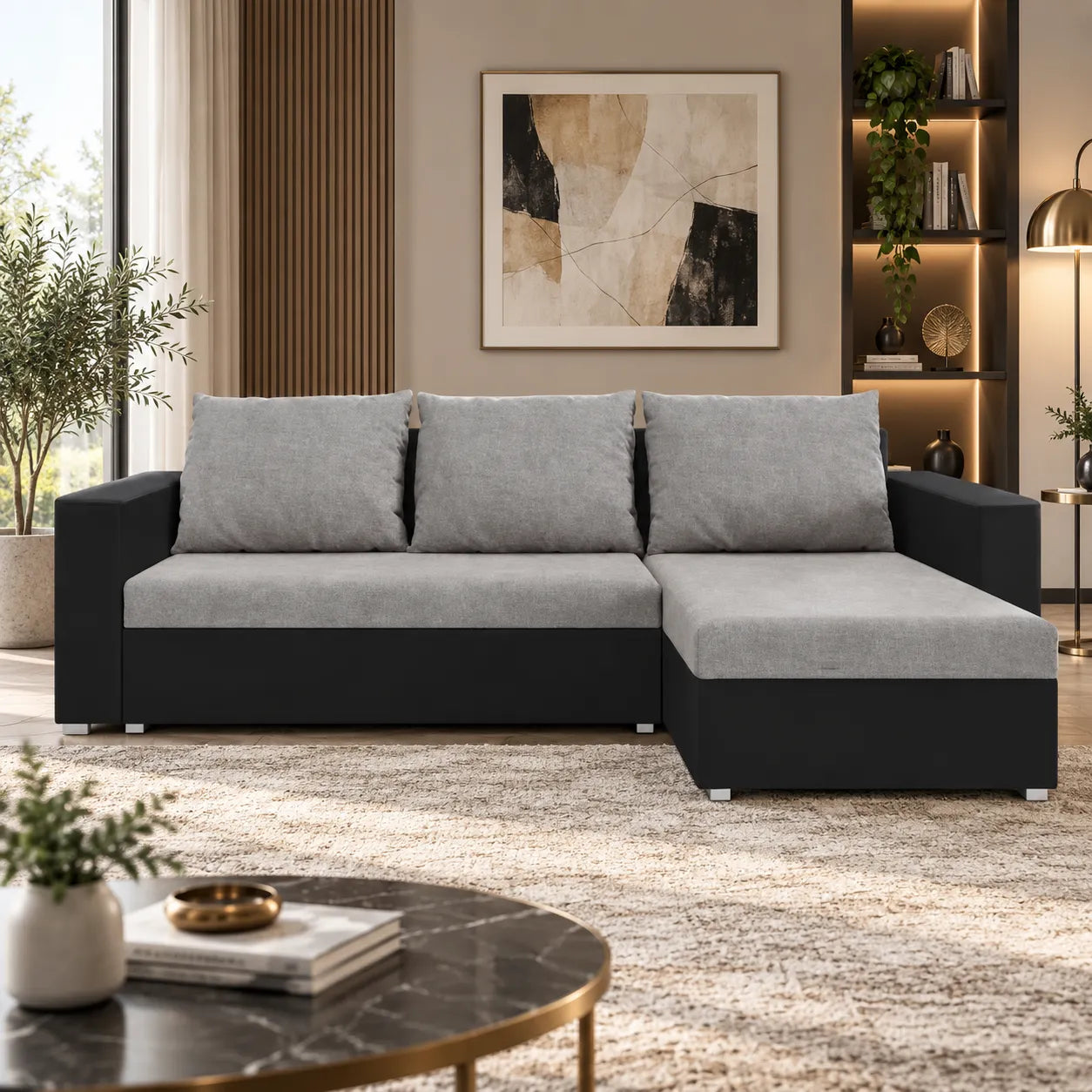 Canapé d’angle convertible avec Coffre et accoudoir fixe