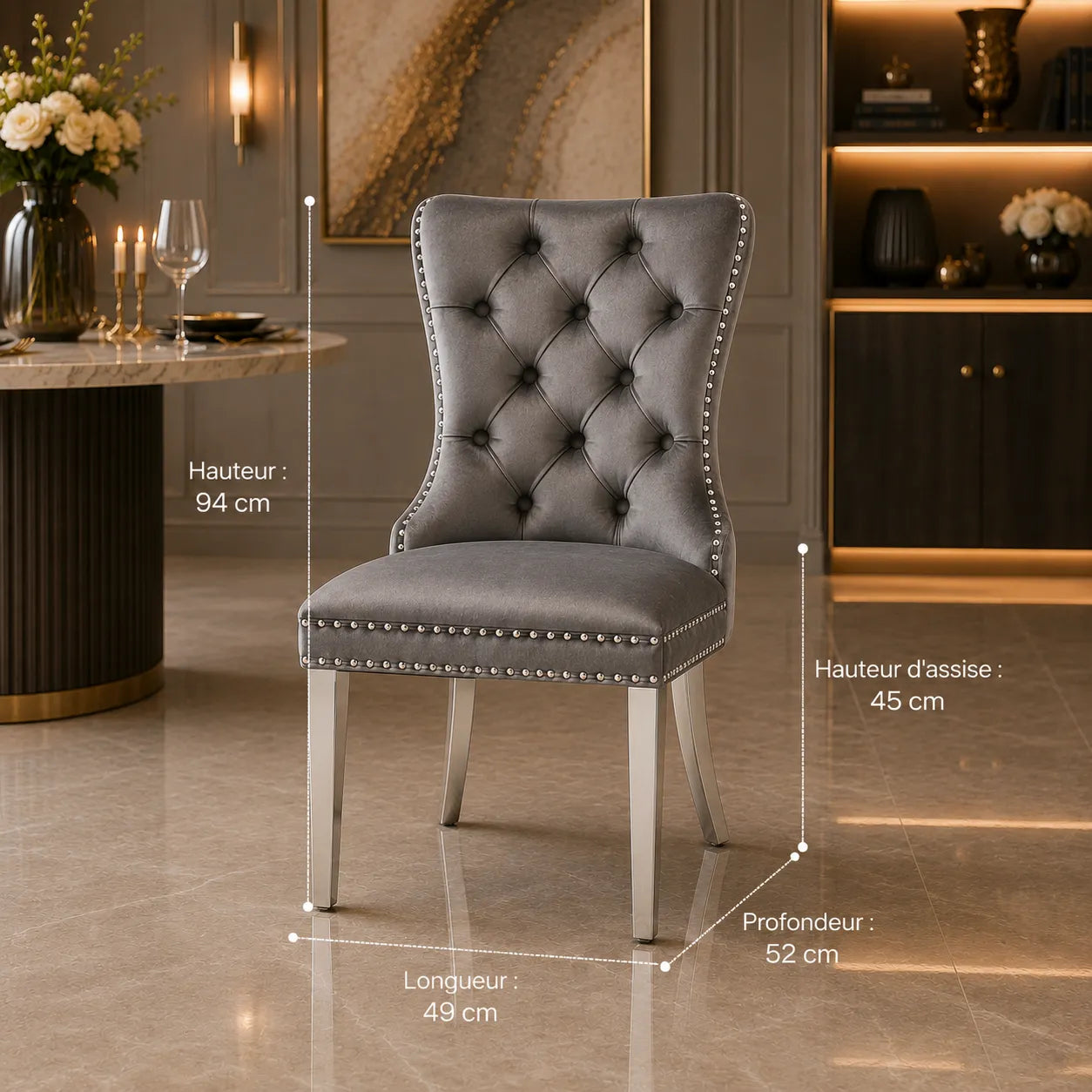 Chaise Capitonnée Argent gris LORA