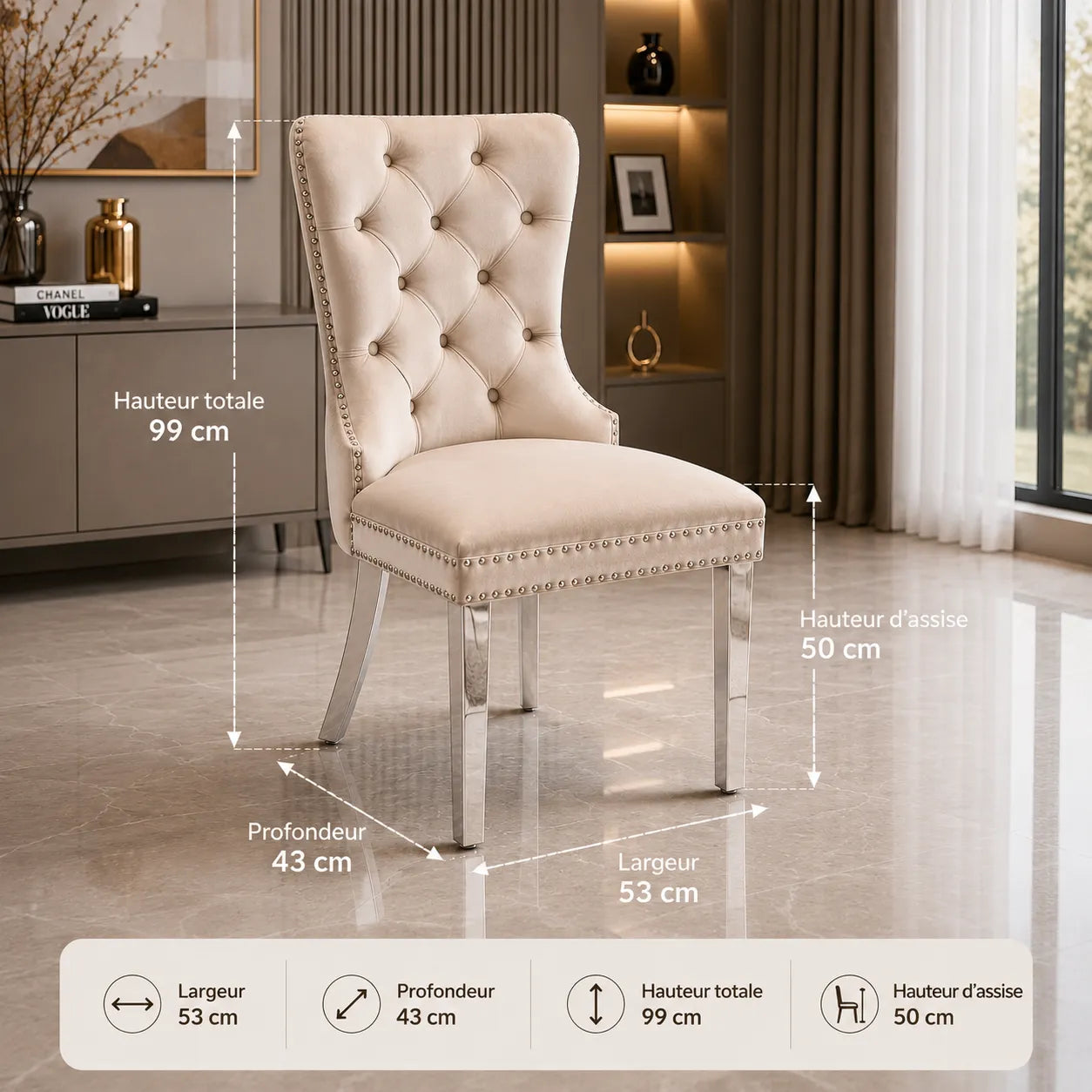 Chaise Capitonnée Argent Beige LORA