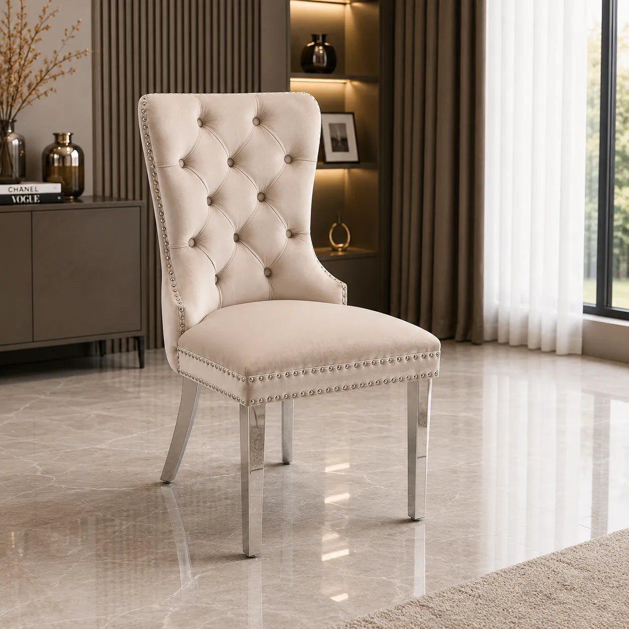 Chaise Capitonnée Argent Beige LORA