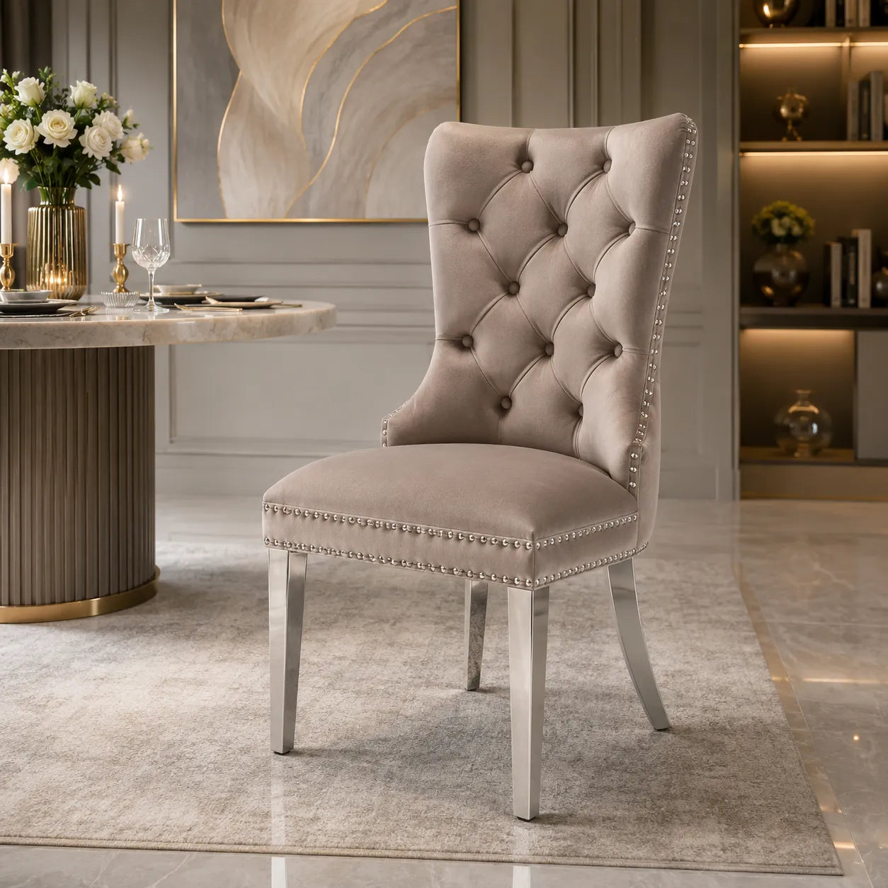 Chaise Capitonnée Argent Beige LORA