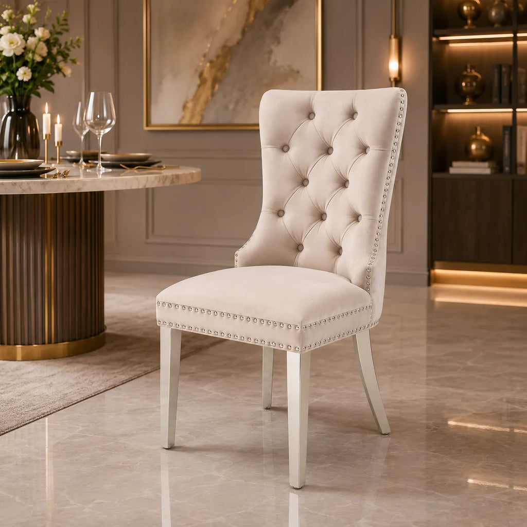 Chaise Capitonnée Argent Beige LORA