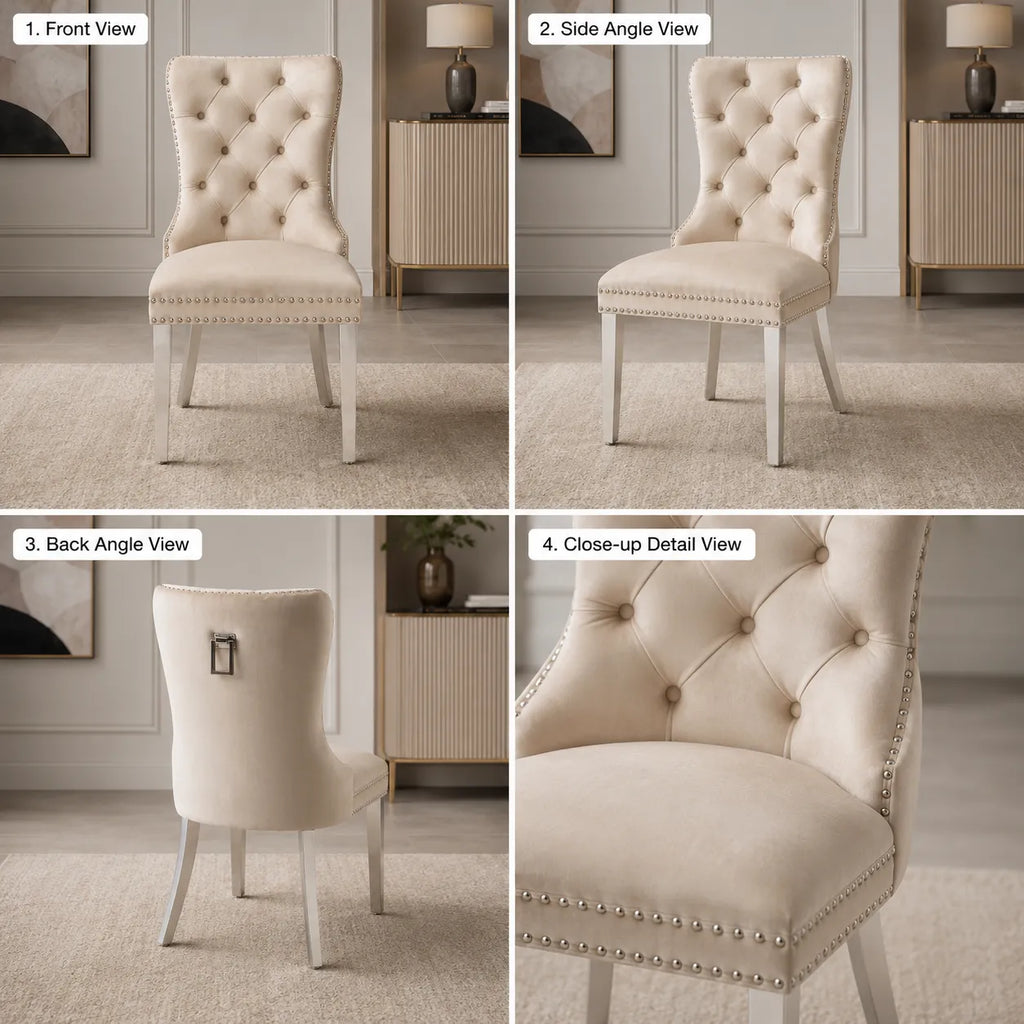 Chaise Capitonnée Argent Beige LORA