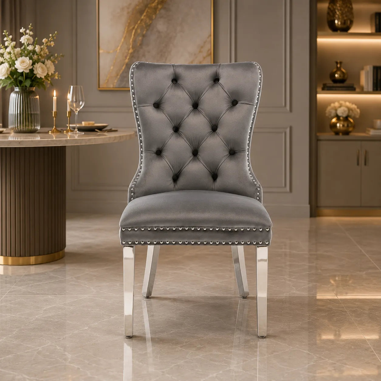 Chaise Capitonnée Argent gris LORA