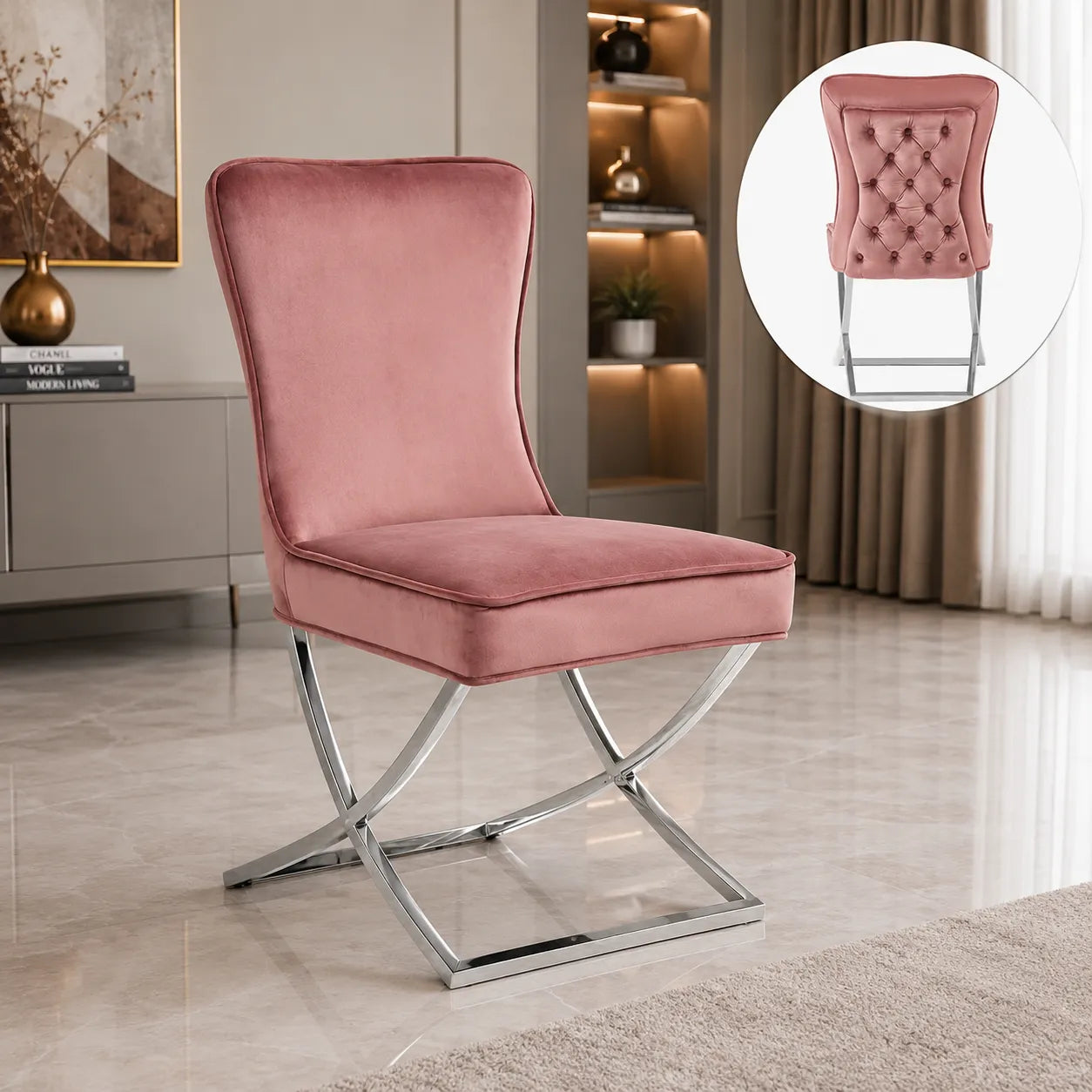 Chaise Capitonnee Argent Rose Enzo