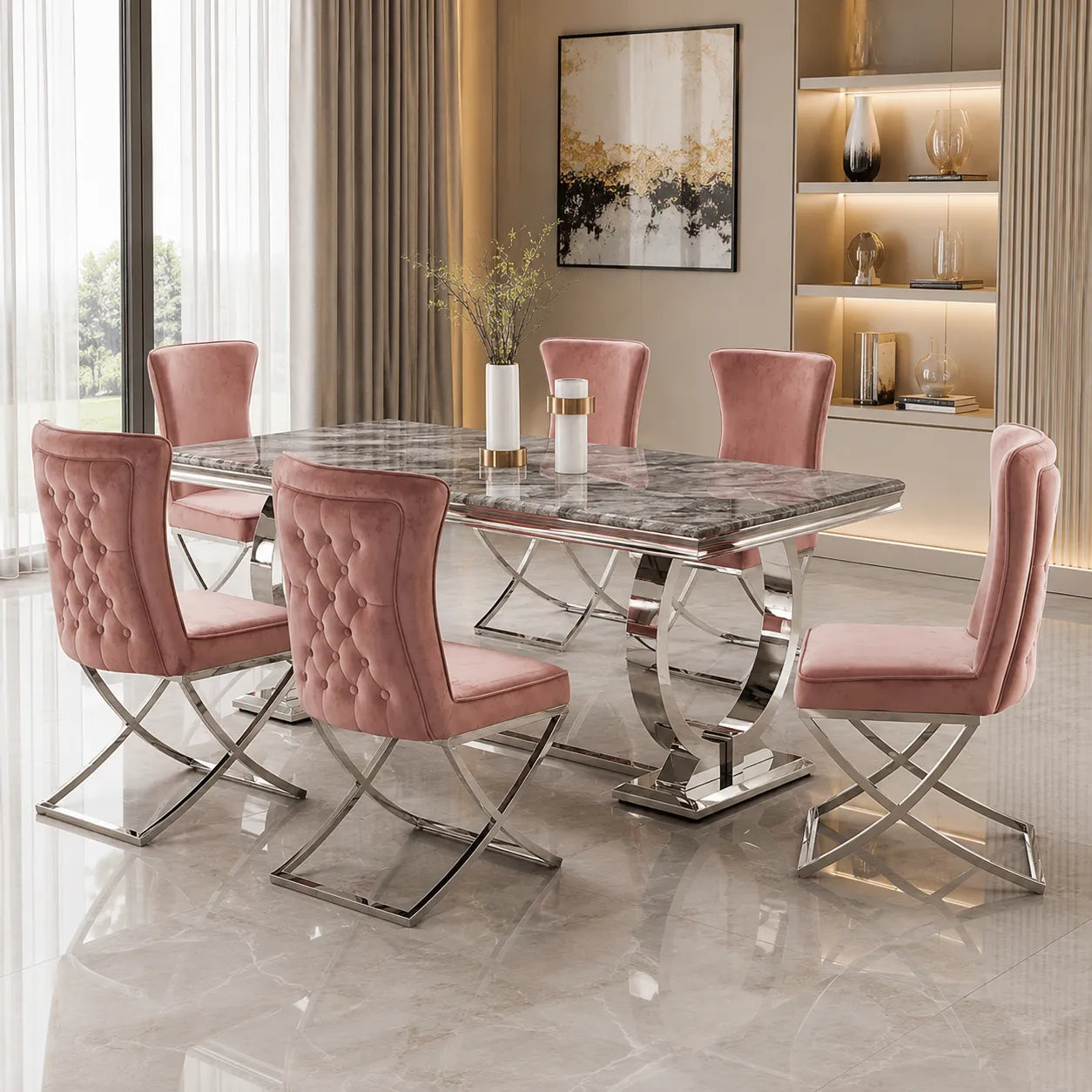 Chaise Capitonnee Argent Rose Enzo