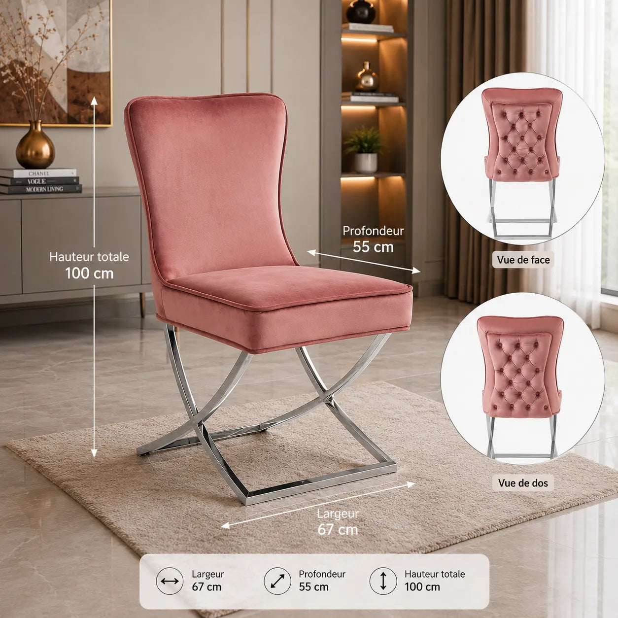 Chaise Capitonnee Argent Rose Enzo