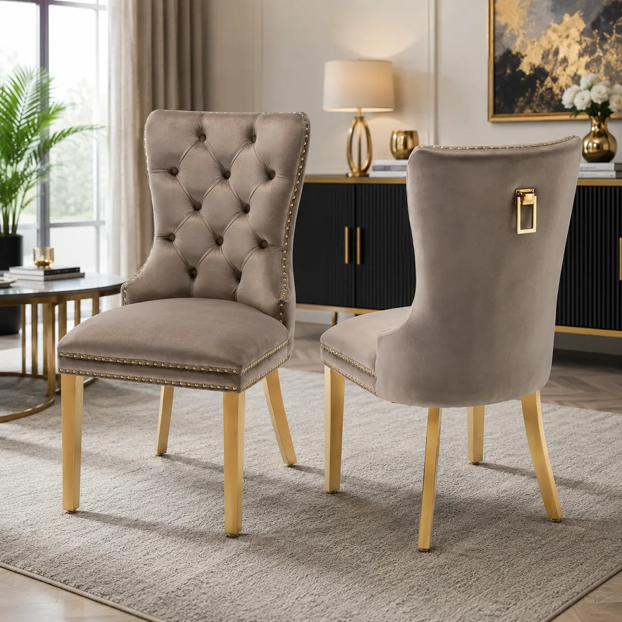Chaise capitonnée dorée LORA taupe