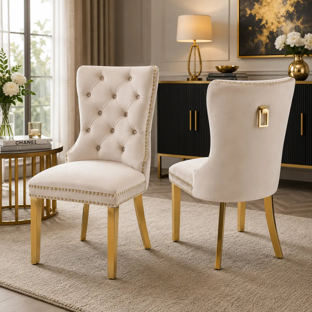 Chaise capitonnée dorée LORA beige