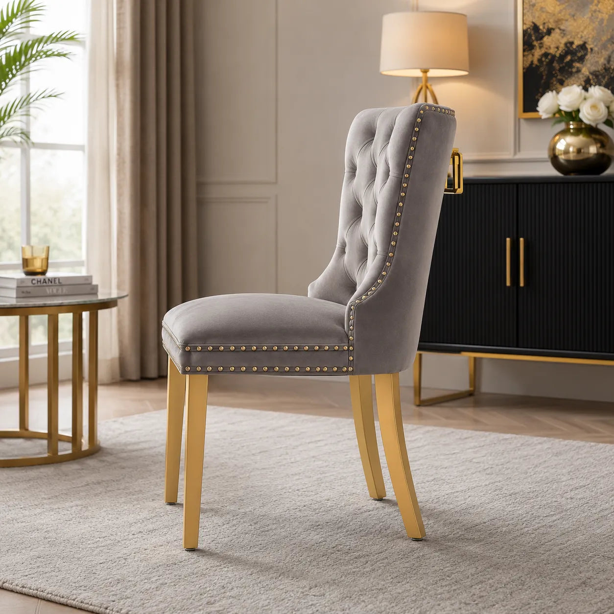 Chaise capitonnée dorée LORA gris