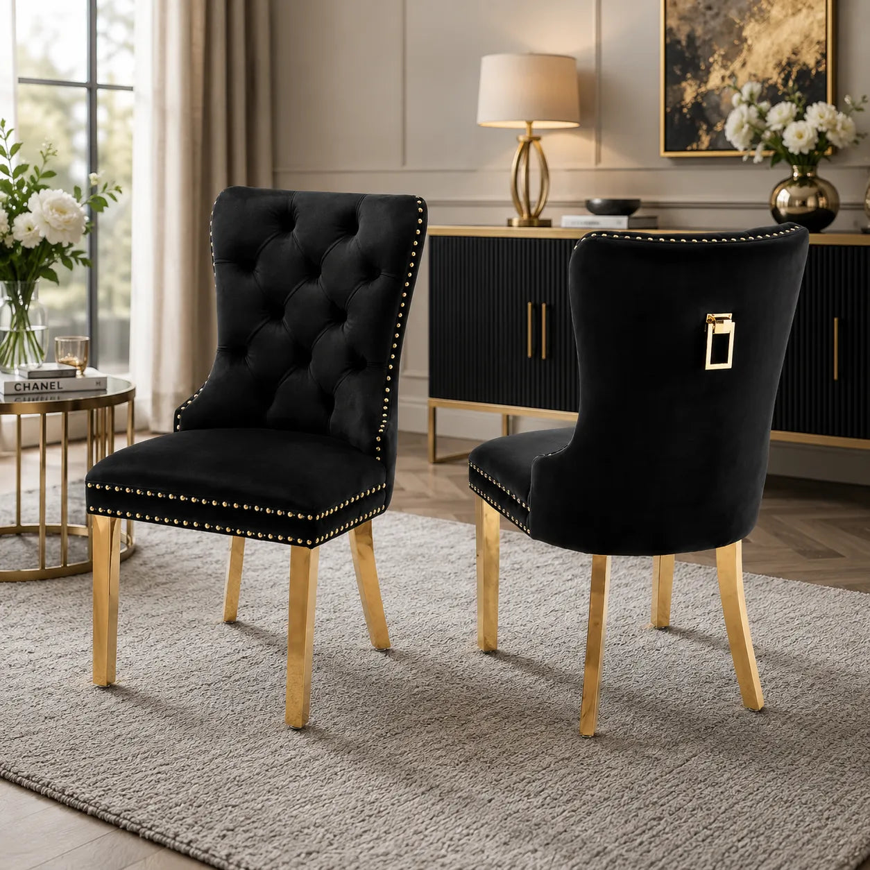 Chaise capitonnée dorée LORA noir