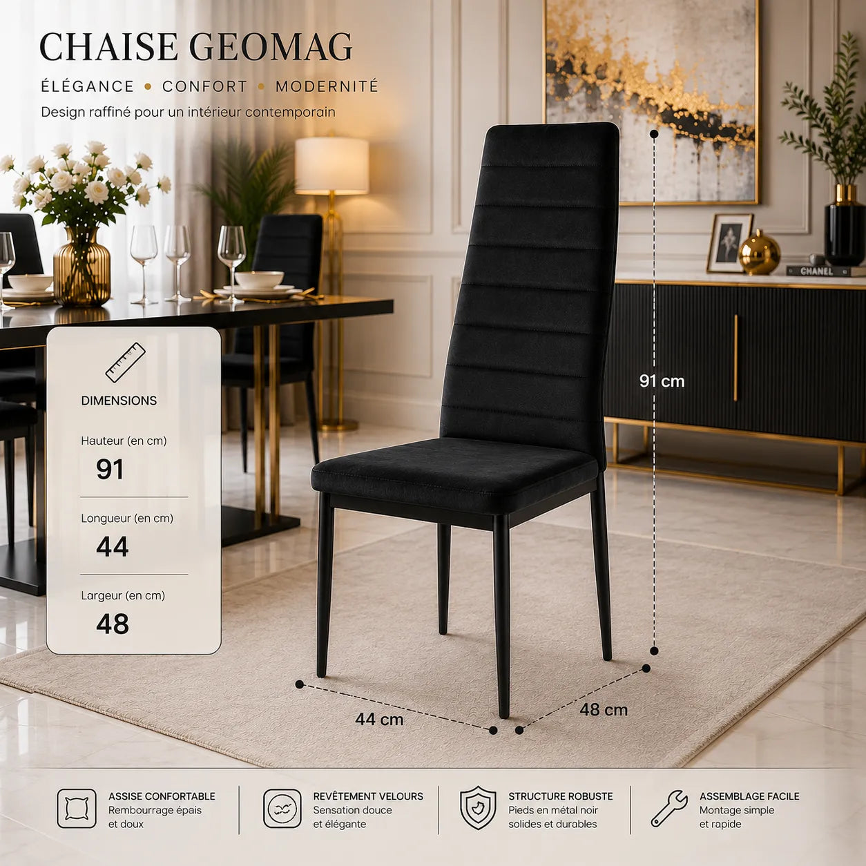 Chaises Tolia Velours Pieds Noir