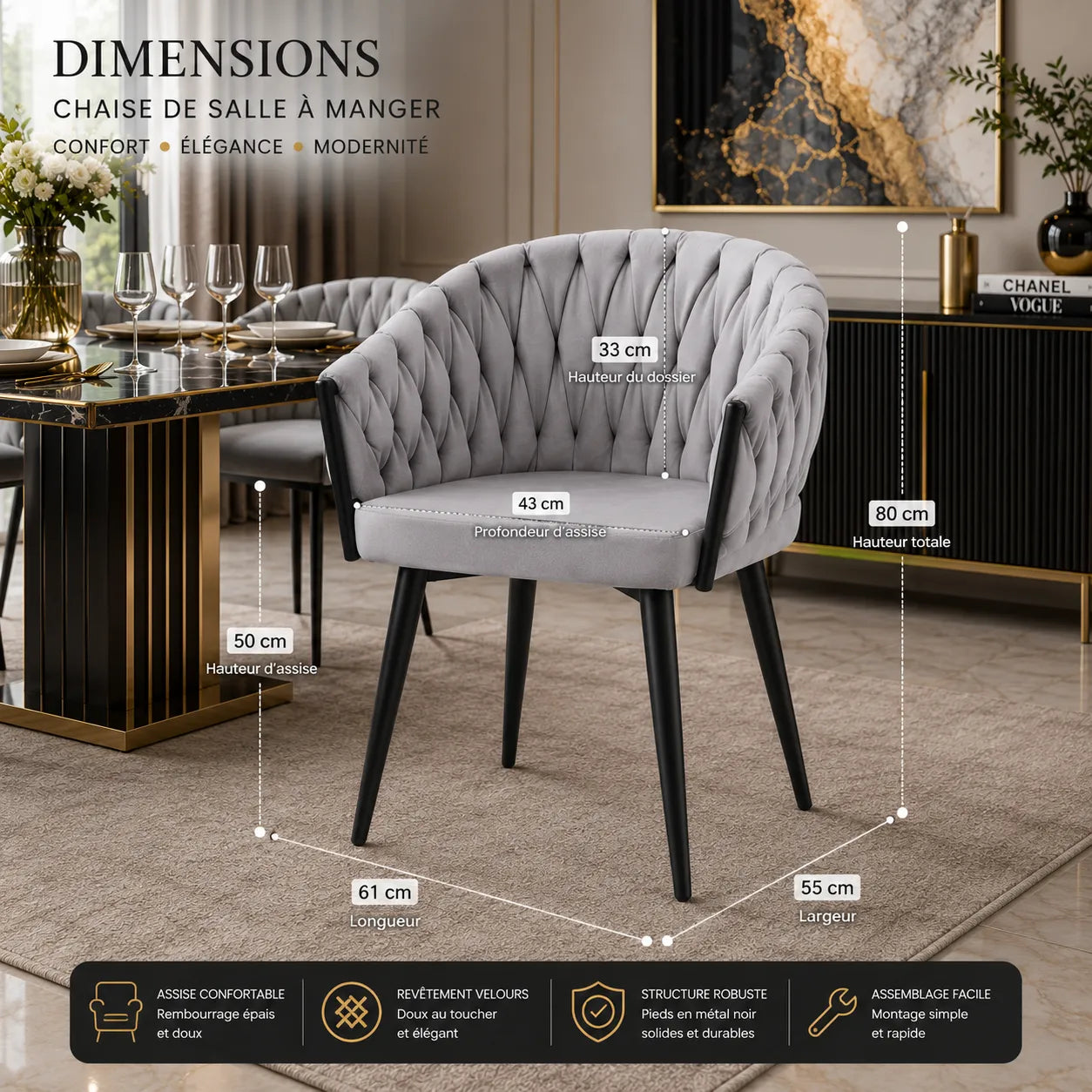  Chaises Tressee Velours Pied Metal Noir
