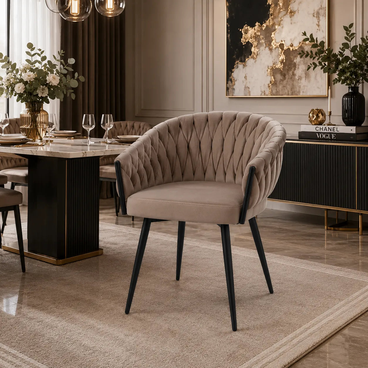 Chaises Tressee Velours Pied Metal Noir