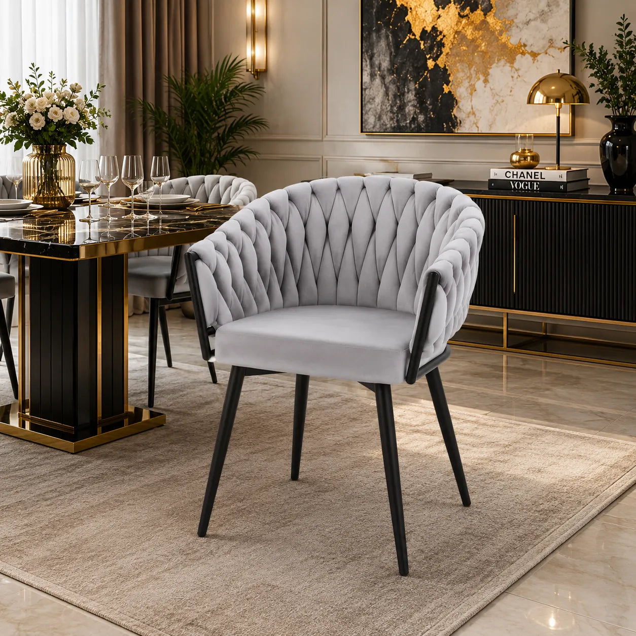  Chaises Tressee Velours Pied Metal Noir