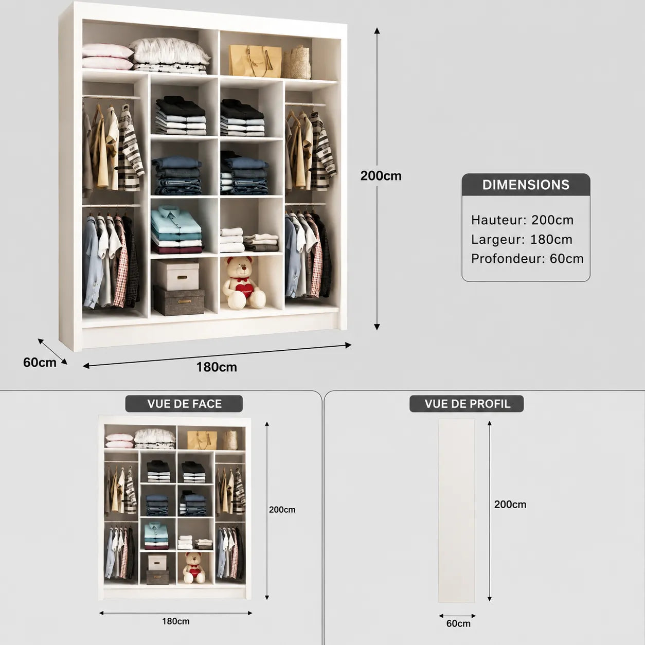 Armoire Penderie de Chambre Girona - 2 Portes Coulissantes avec Miroir - 160 / 180 cm