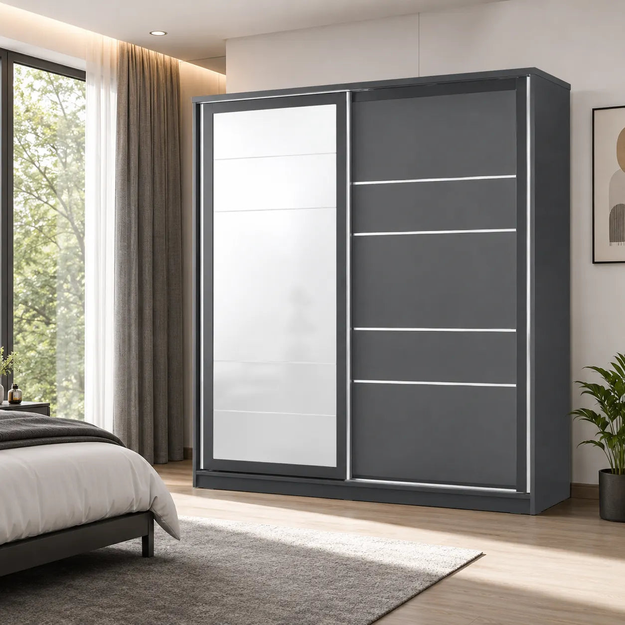 Armoire Penderie de Chambre Girona - 2 Portes Coulissantes avec Miroir - 160 / 180 cm