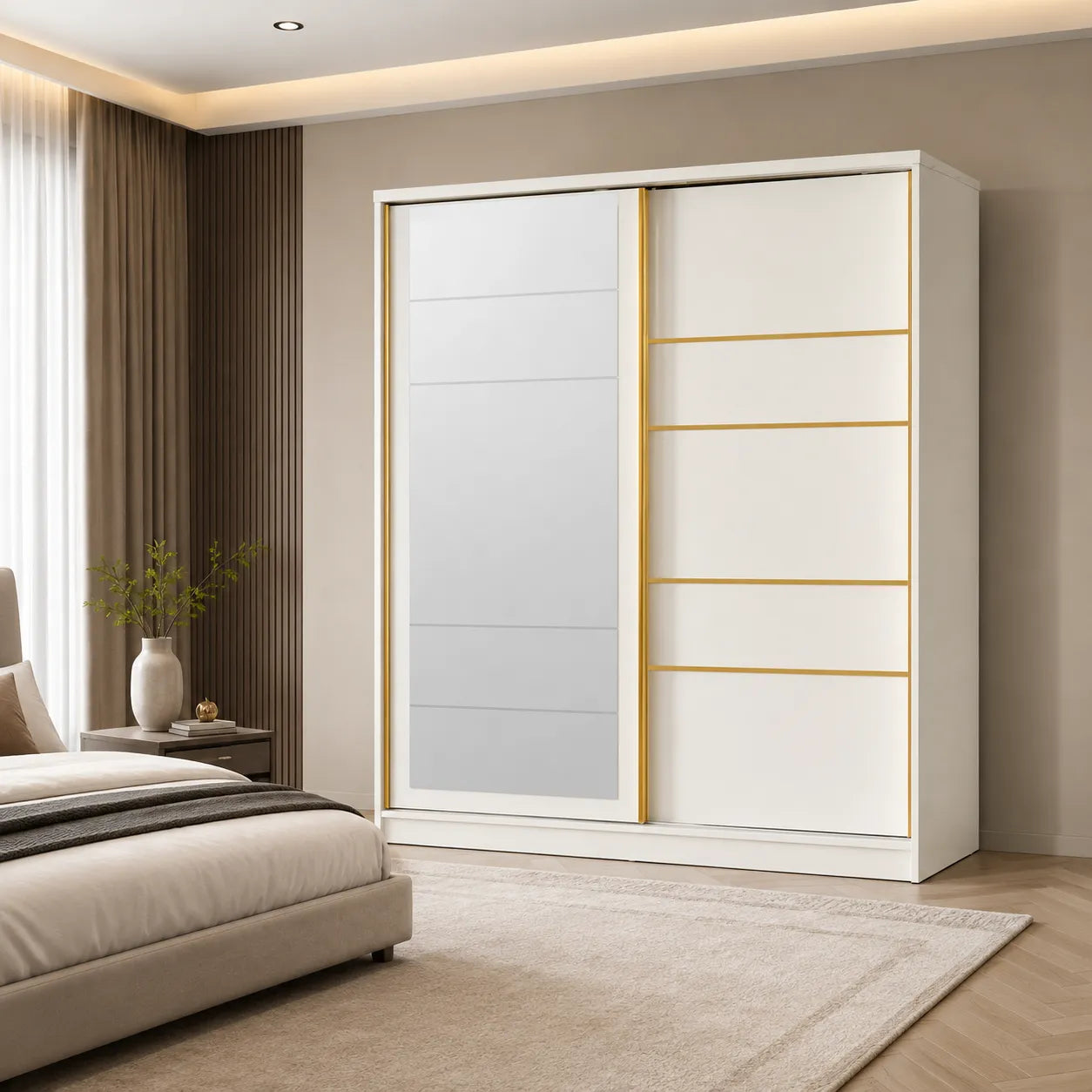Armoire Penderie de Chambre Girona - 2 Portes Coulissantes avec Miroir - 160 / 180 cm