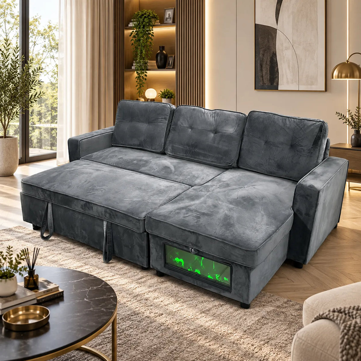 Cheminée canapé d’angle convertible avec rangement