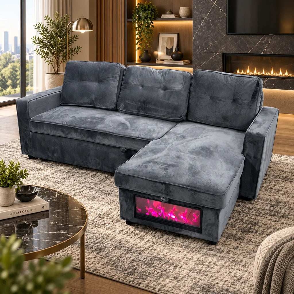 Cheminée canapé d’angle convertible avec rangement