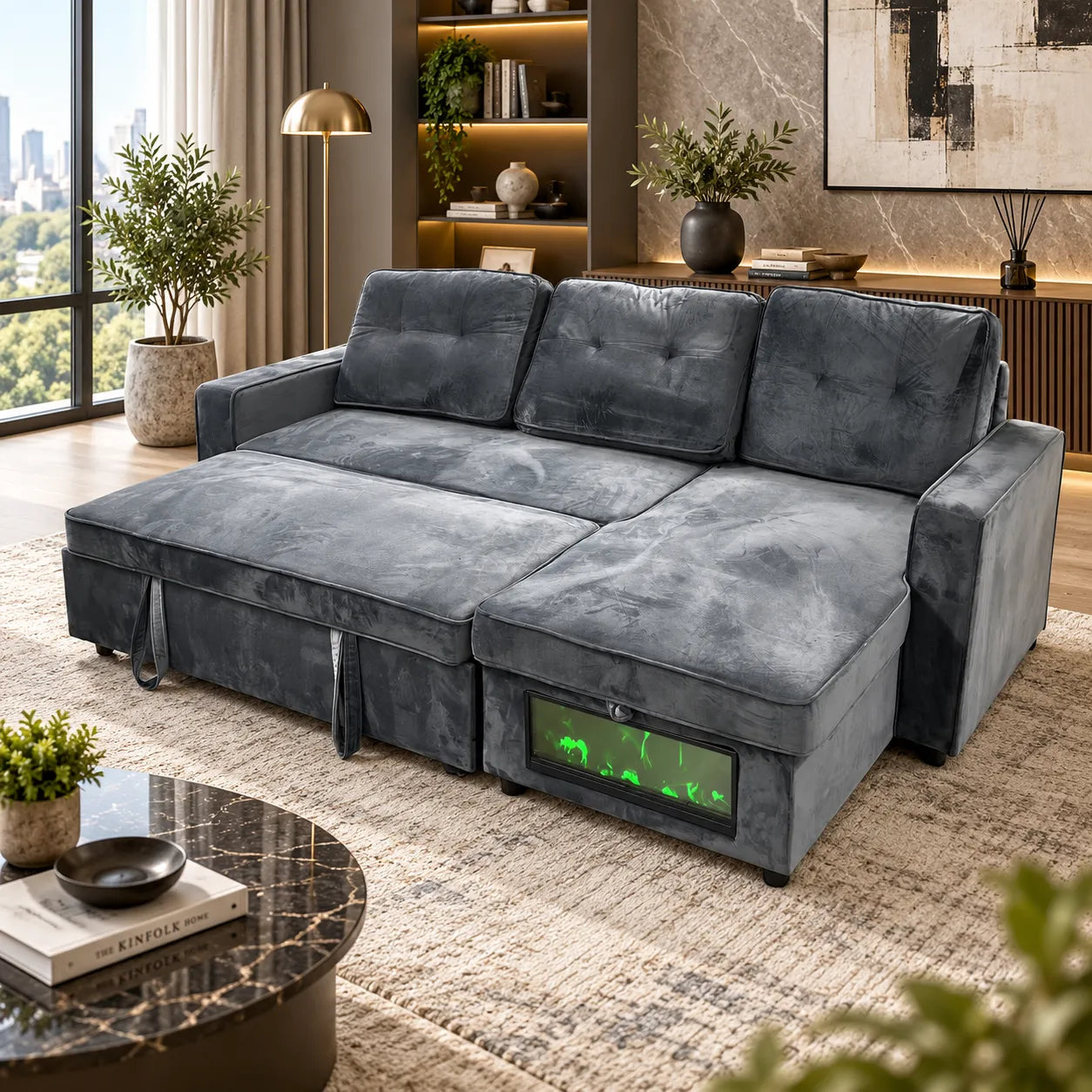 Cheminée canapé d’angle convertible avec rangement
