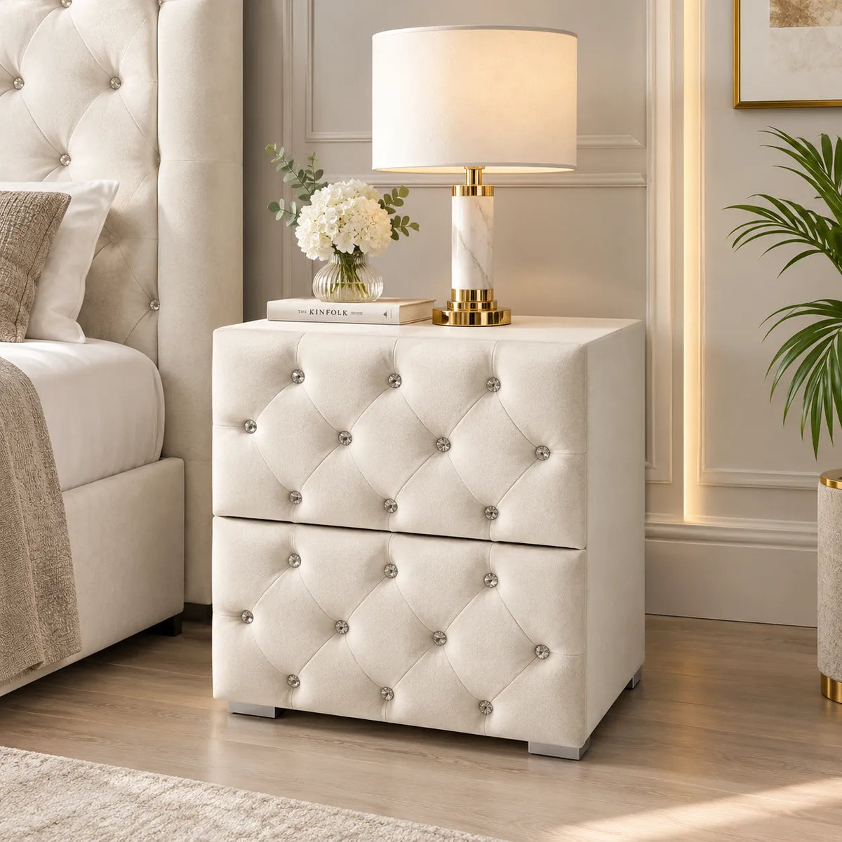 Chevet Capitonné Velours Beige