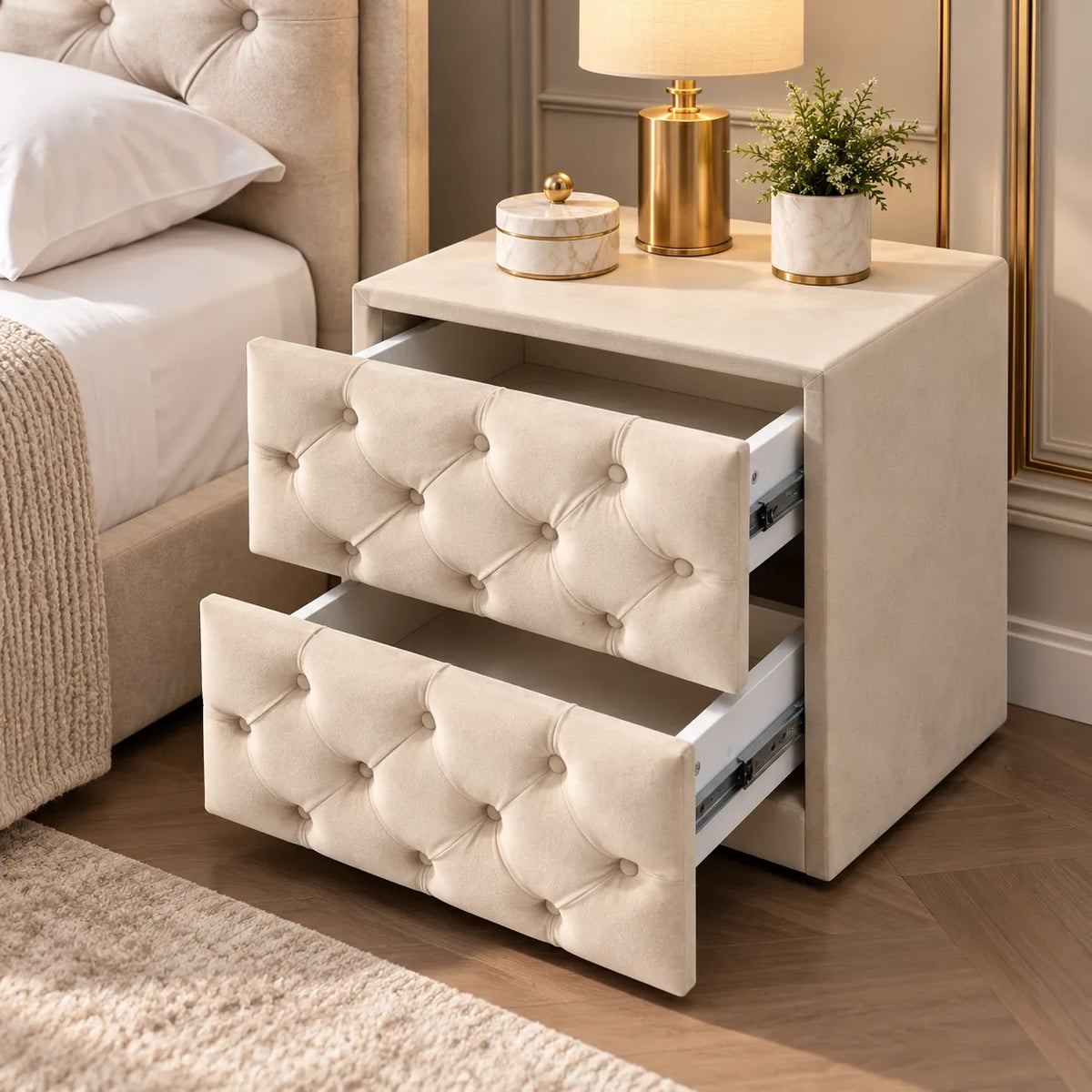 Chevet Capitonné Velours Beige
