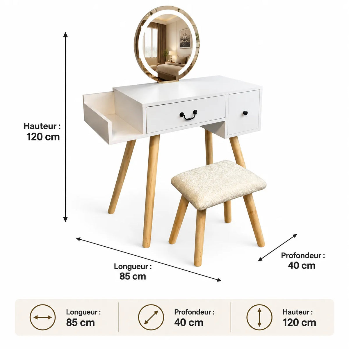 Coiffeuse Blanche avec Miroir et Tabouret