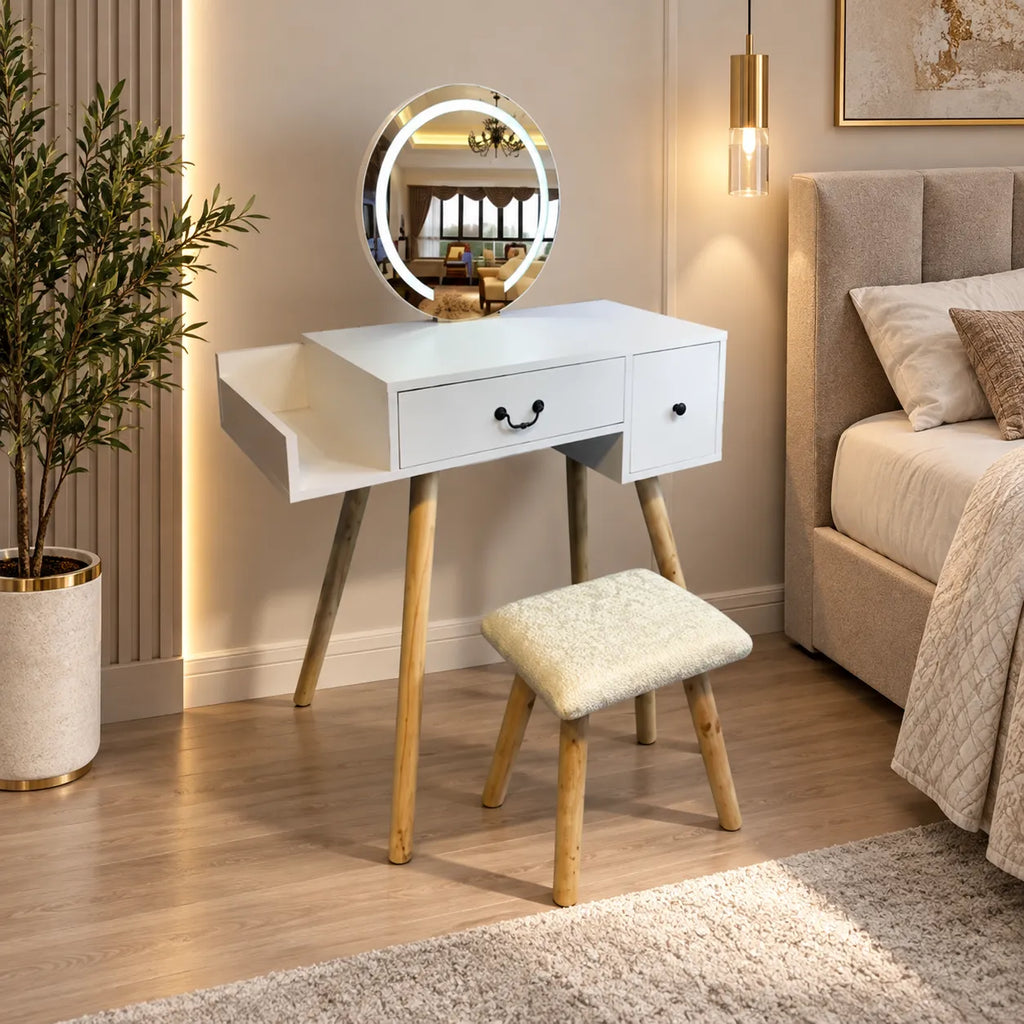 Coiffeuse Blanche avec Miroir et Tabouret