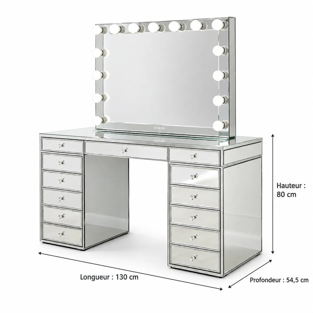 Ensemble de vanité coiffeuse élégant avec miroir Bluetooth et lumières LED (13 tiroirs)