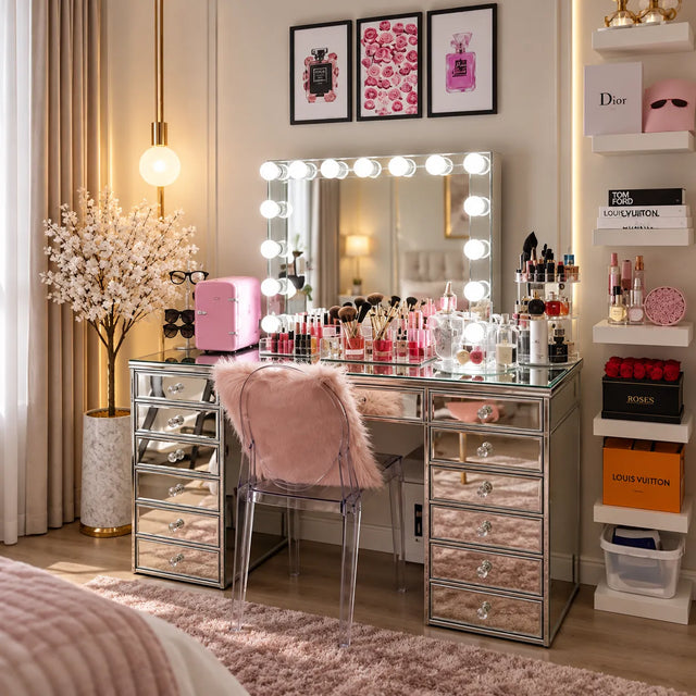 Ensemble de vanité coiffeuse élégant avec miroir Bluetooth et lumières LED (13 tiroirs)
— coiffeuse, coiffeuse moderne, coiffeuse avec miroir, coiffeuse design, coiffeuse pas cher, coiffeuse chambre, coiffeuse avec tabouret, meuble maquillage, coiffeuse rangement