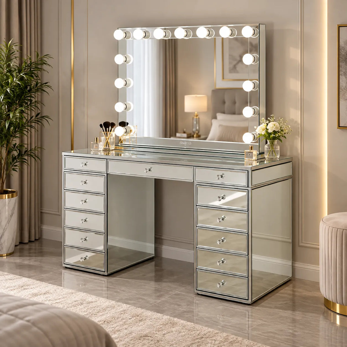 Ensemble de vanité coiffeuse élégant avec miroir Bluetooth et lumières LED (13 tiroirs)