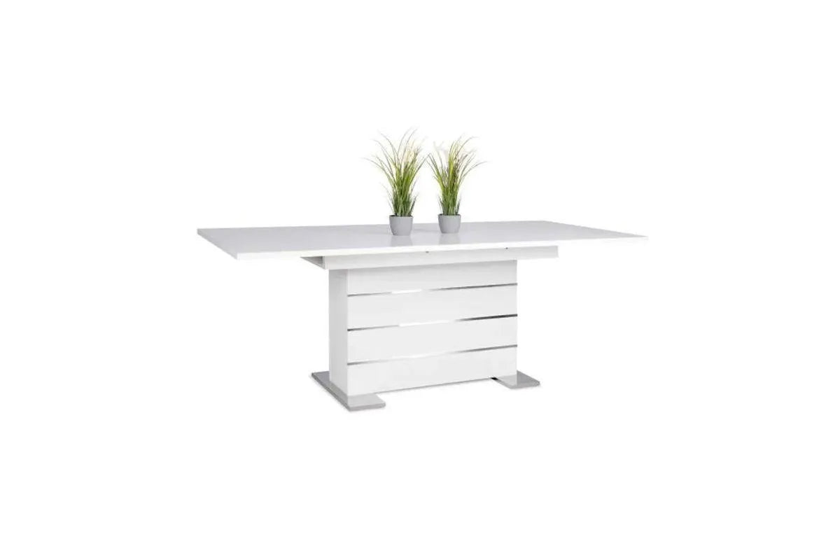 Extension de salle é manger W avec 6 chaises de table laquées blanches et chromées