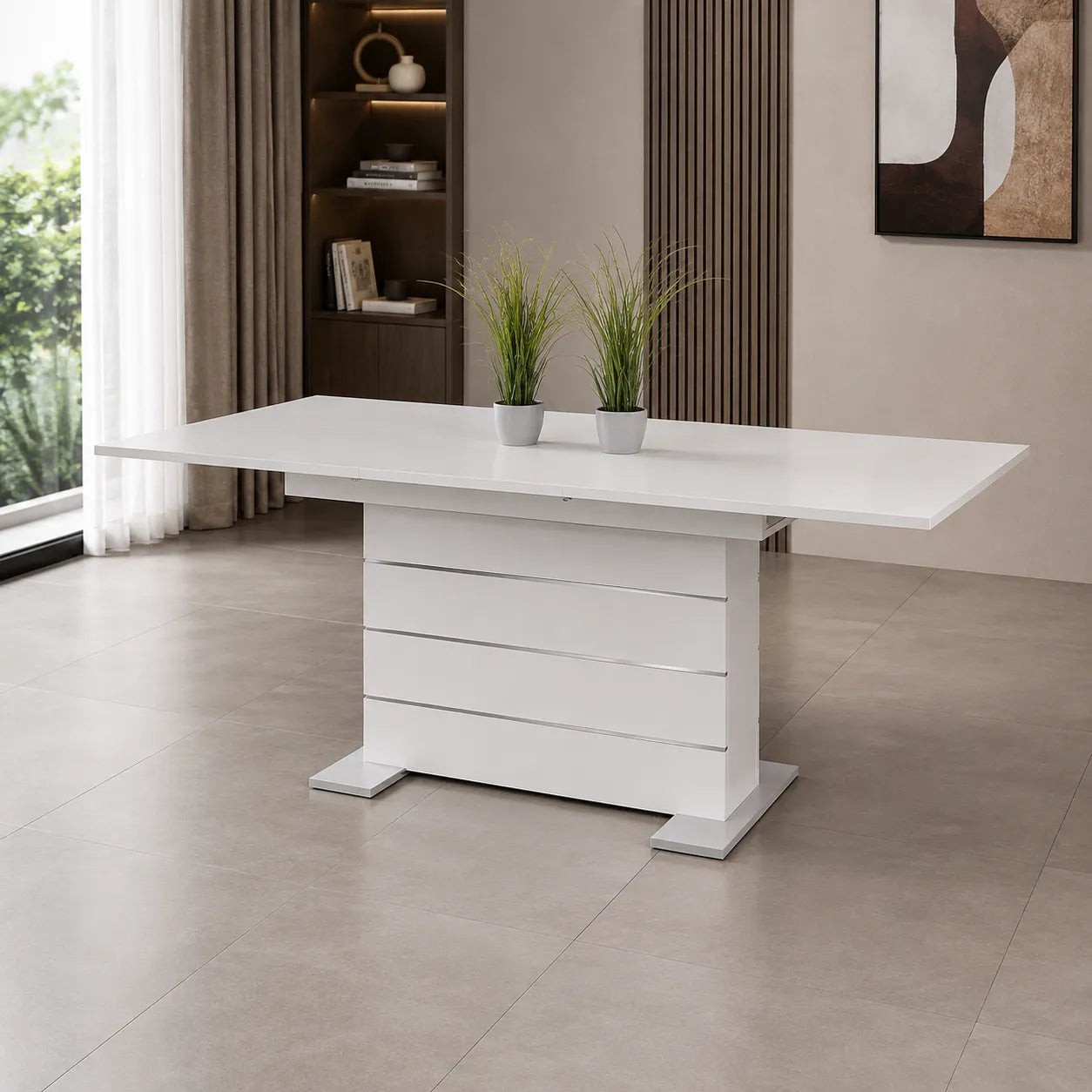 Extension de salle à manger avec 6 chaises de Table laquées blanches et chromées