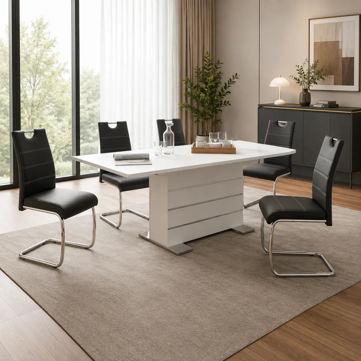 Extension de salle à manger avec 6 chaises de Table laquées blanches et chromées