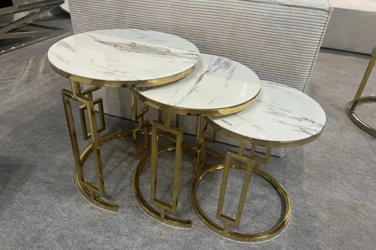 Gueridon Herme Gold Marbre Blanc 50+45+40 CM Swedzo-Meuble