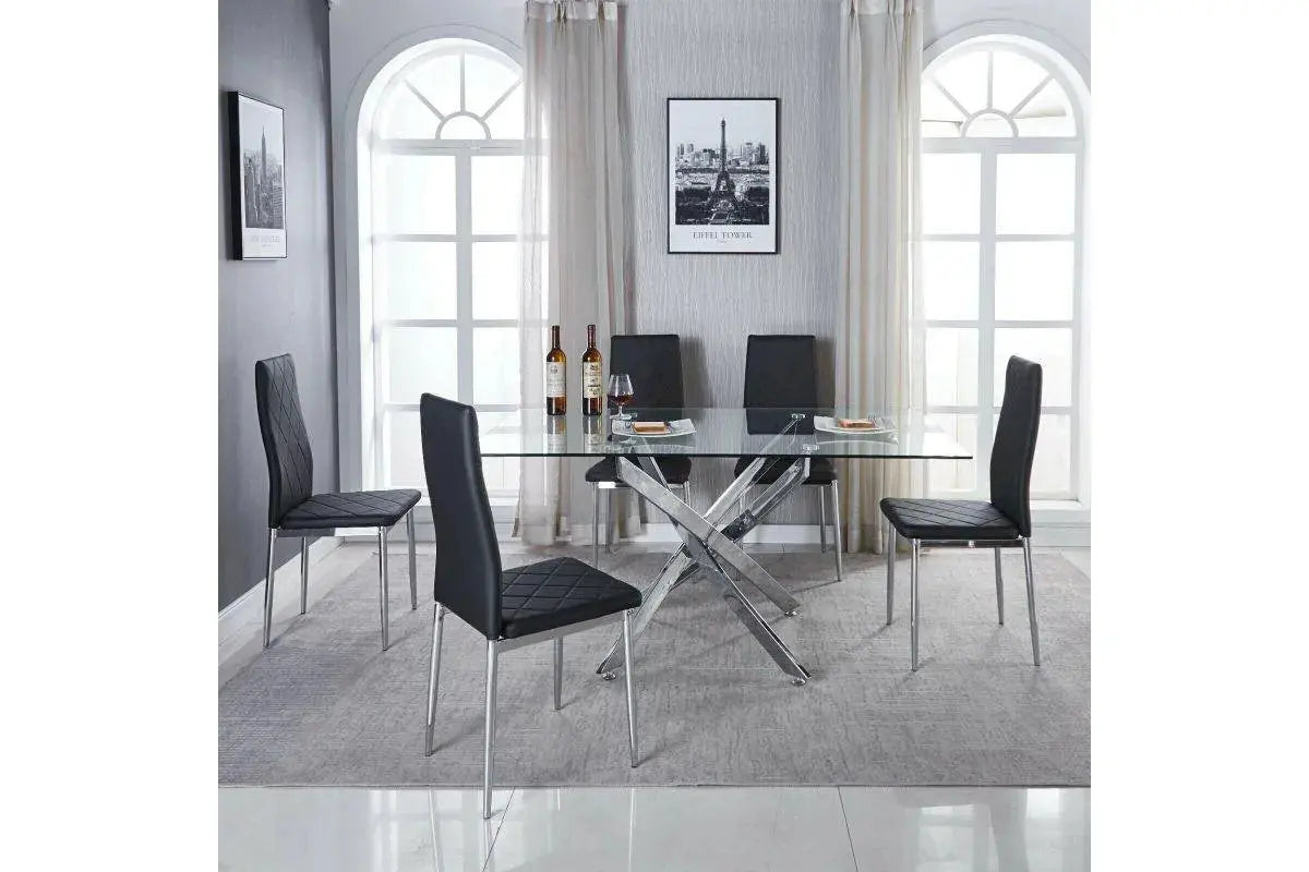 LEONARDO Ensemble de table de salle à manger en verre chromé clair et 6 chaises de salle à manger en cuir Swedzo-Meuble