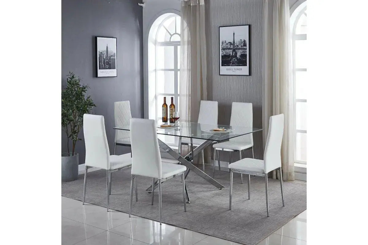 LEONARDO Ensemble de table de salle à manger en verre chromé clair et 6 chaises de salle à manger en cuir Swedzo-Meuble