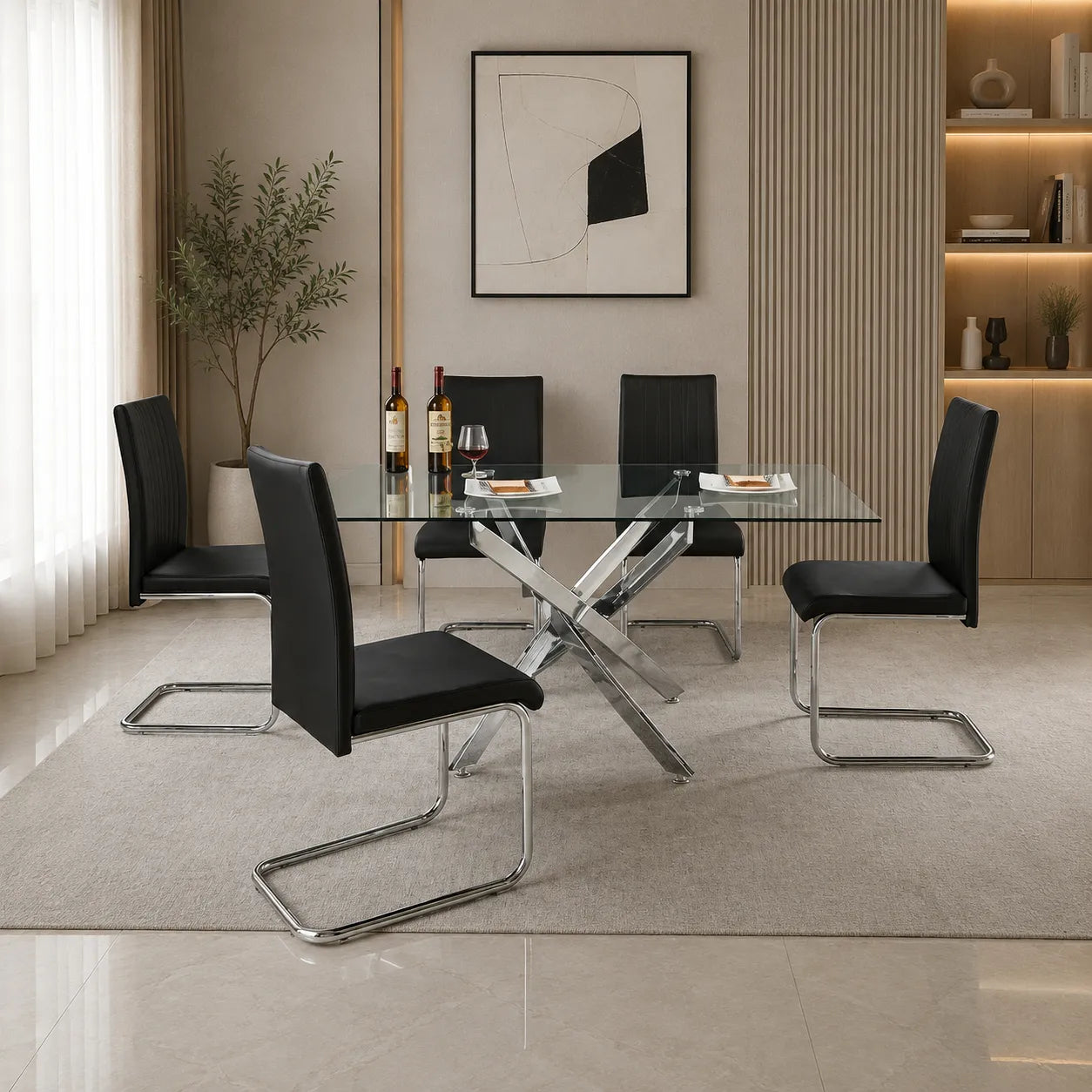 LEONARDO Ensemble de Table de salle à manger en chrome blanc noir et verre et 4 ou 6 chaises de salle à manger en cuir