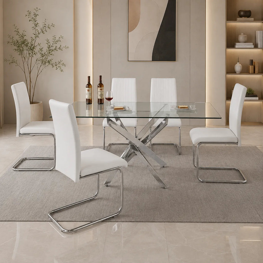 LEONARDO Ensemble de Table de salle à manger en chrome blanc noir et verre et 4 ou 6 chaises de salle à manger en cuir