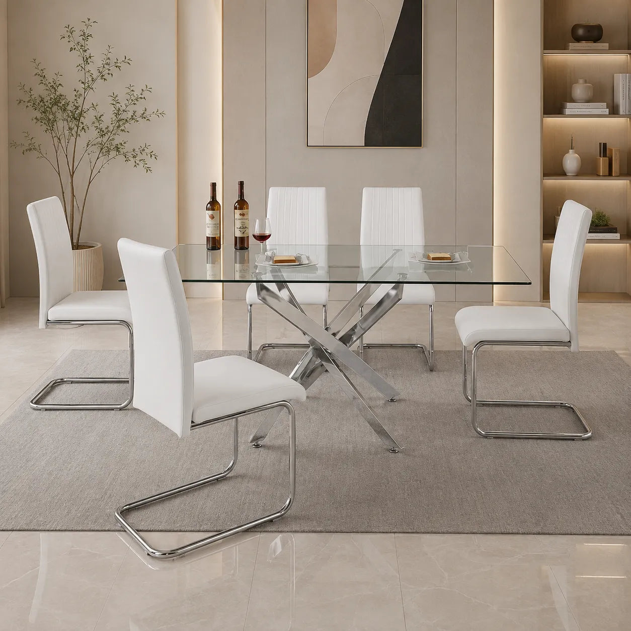 LEONARDO Ensemble de Table de salle à manger en chrome blanc noir et verre et 4 ou 6 chaises de salle à manger en cuir